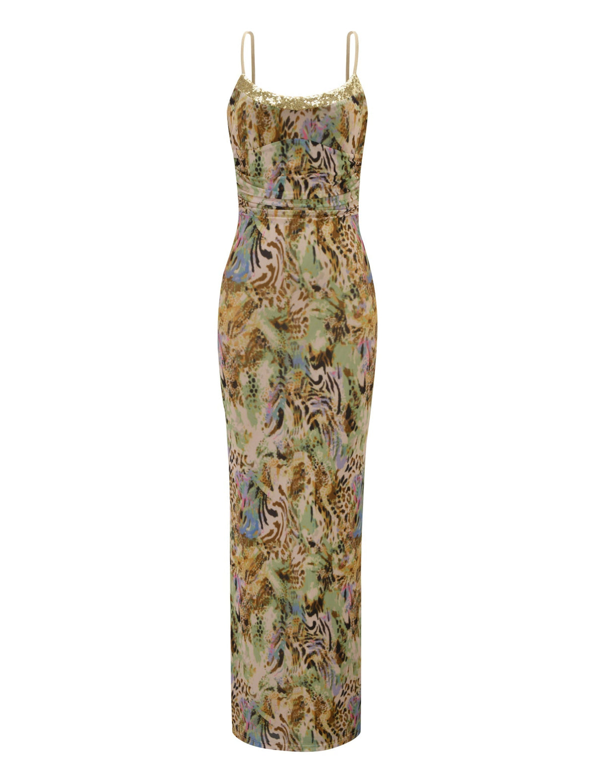 The ELYSIUM MAXI DRESS - ANIMAL SWIRL by TIGERMIST is a sleeveless bodycon maxi with thin straps, a slight sheen, and a wild animal swirl print in brown, black, green, and beige for an eye-catching look.