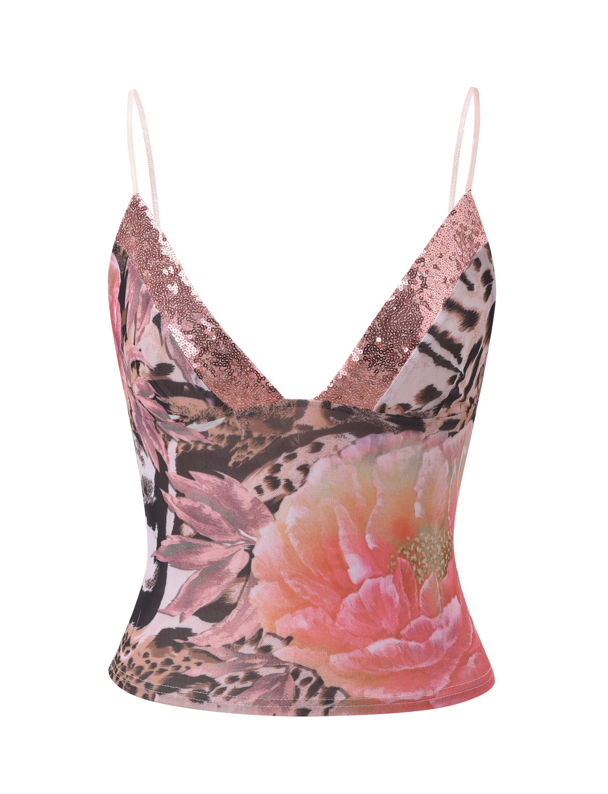 The FENELLA TOP - ANIMALIER FLORAL by TIGERMIST is a fitted mesh cami with thin straps, a rose gold sequin V-neckline, and a striking floral animal print of large pink flowers and leopard spots on a light background.