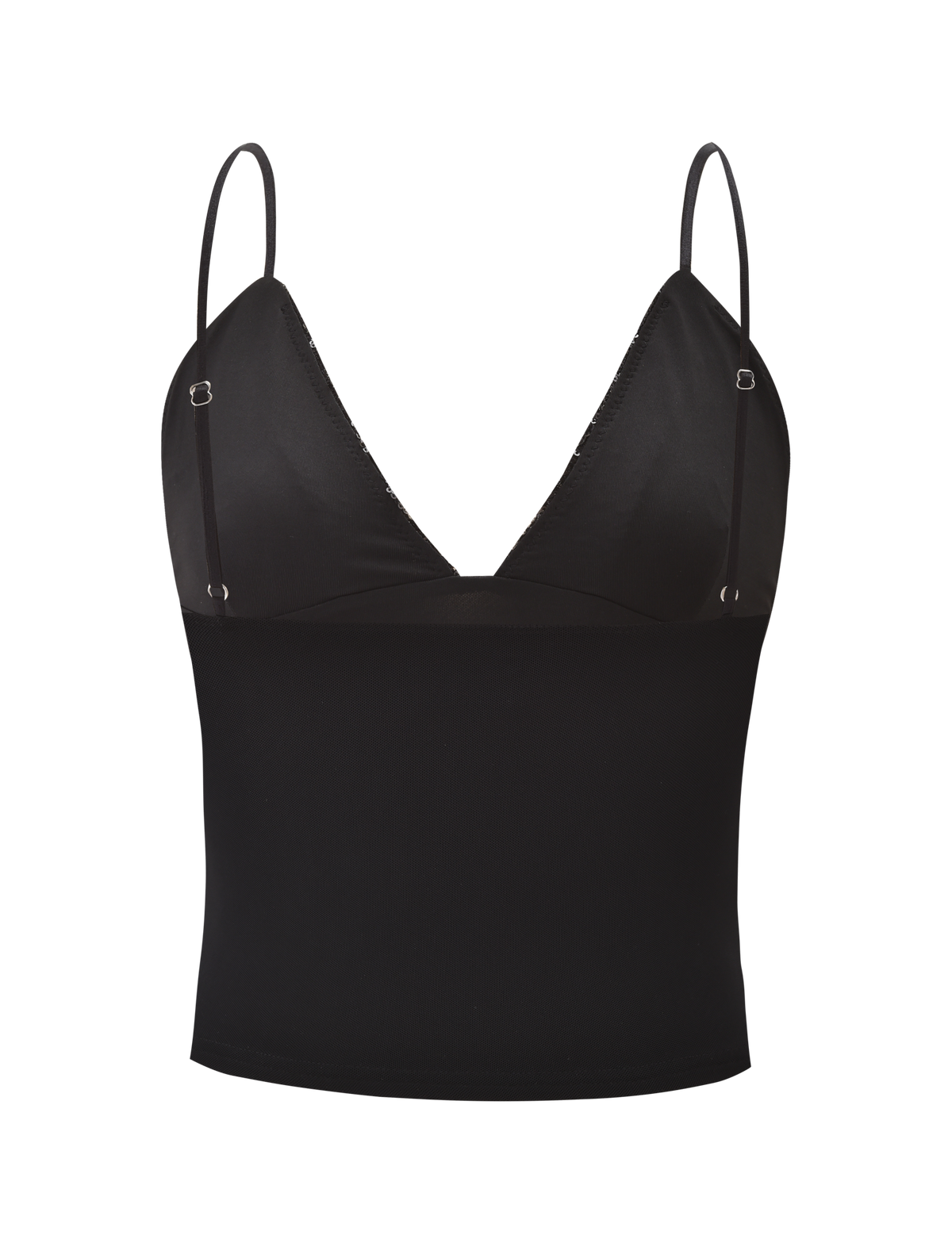The FENELLA TOP - BLACK by TIGERMIST is a black sequin mesh tank top with adjustable spaghetti straps and a deep V-neckline, finished with delicate sequin trim, shown on a plain white background.