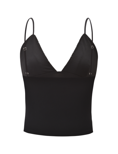 The FENELLA TOP - BLACK by TIGERMIST is a black sequin mesh tank top with adjustable spaghetti straps and a deep V-neckline, finished with delicate sequin trim, shown on a plain white background.