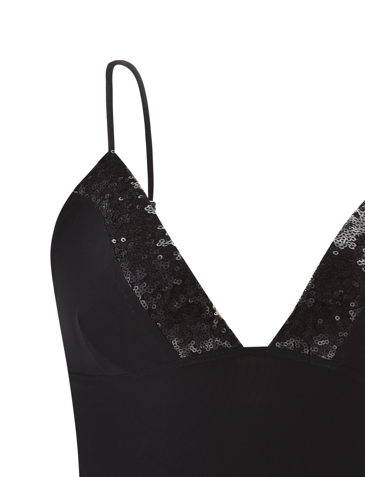 Close-up of the FENELLA TOP - BLACK by TIGERMIST, a fitted sequin mesh tank with adjustable spaghetti straps and a deep V-neckline for an elegant look.