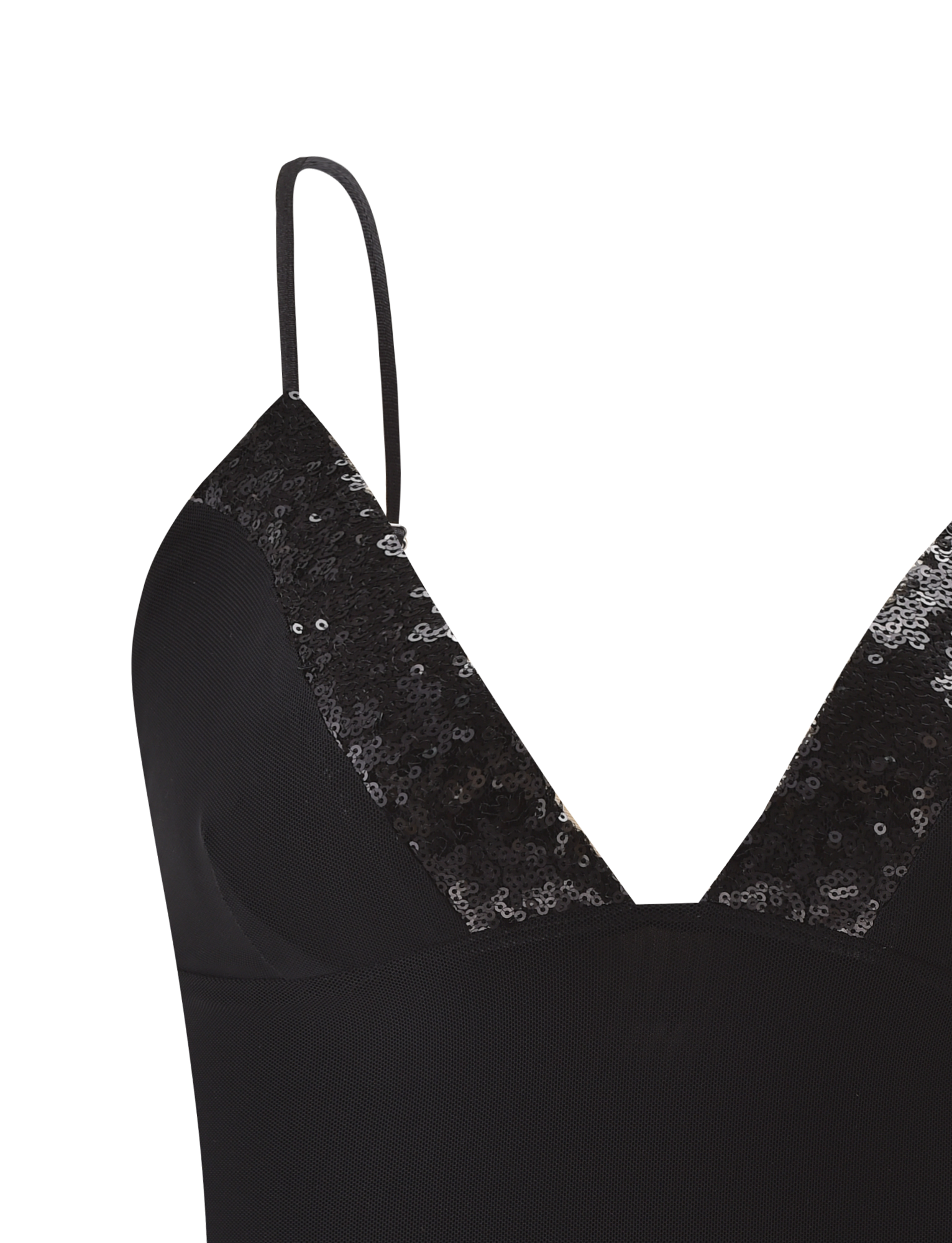 Close-up of the FENELLA TOP - BLACK by TIGERMIST, a fitted sequin mesh tank with adjustable spaghetti straps and a deep V-neckline for an elegant look.