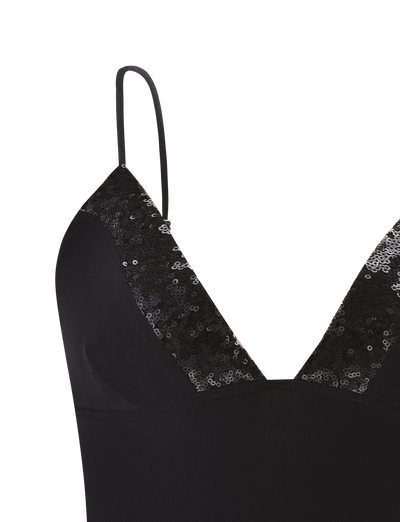 Close-up of the FENELLA TOP - BLACK by TIGERMIST, a fitted sequin mesh tank with adjustable spaghetti straps and a deep V-neckline for an elegant look.
