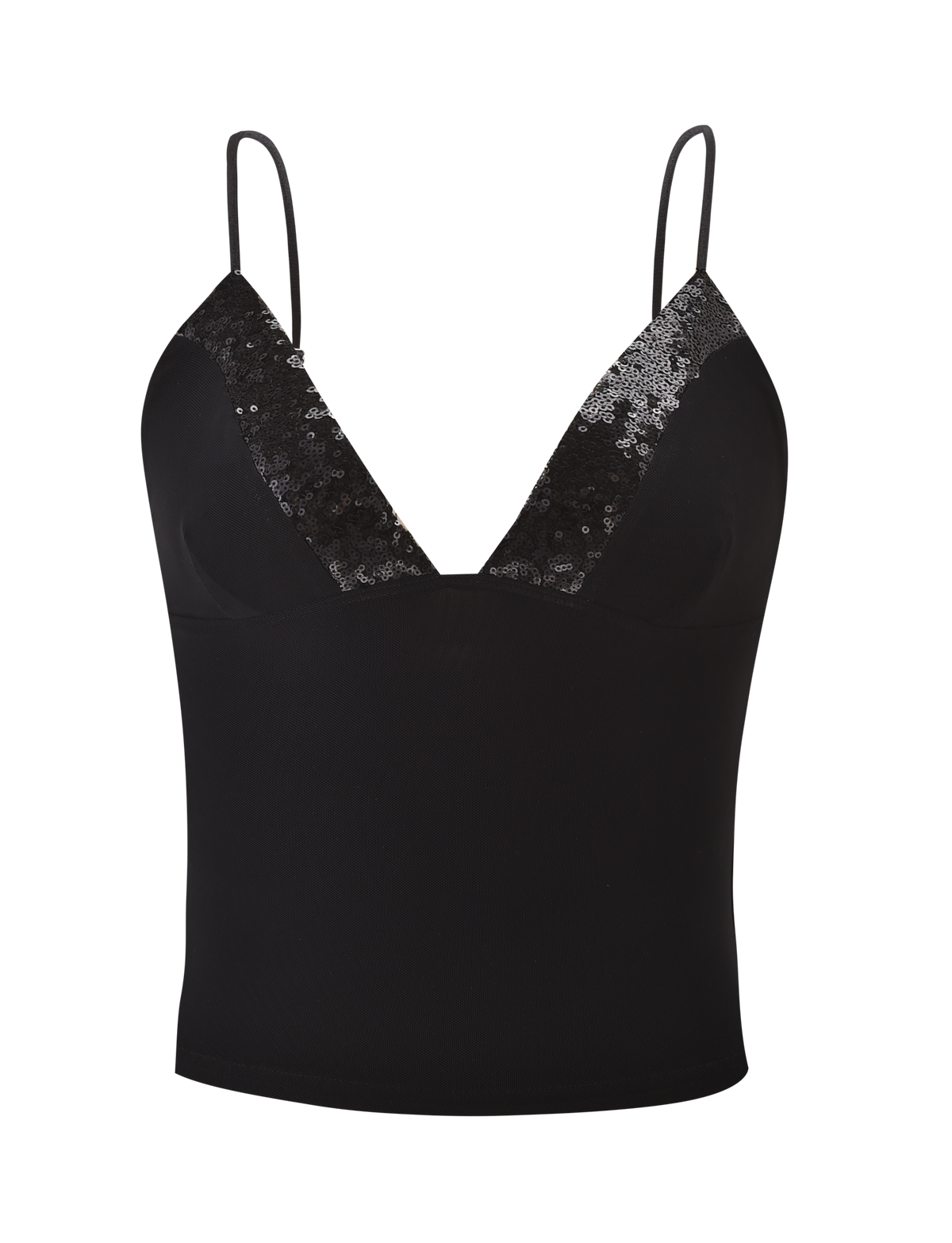 Black camisole with lace trim on a white background