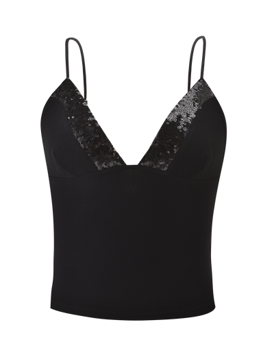 Black camisole with lace trim on a white background
