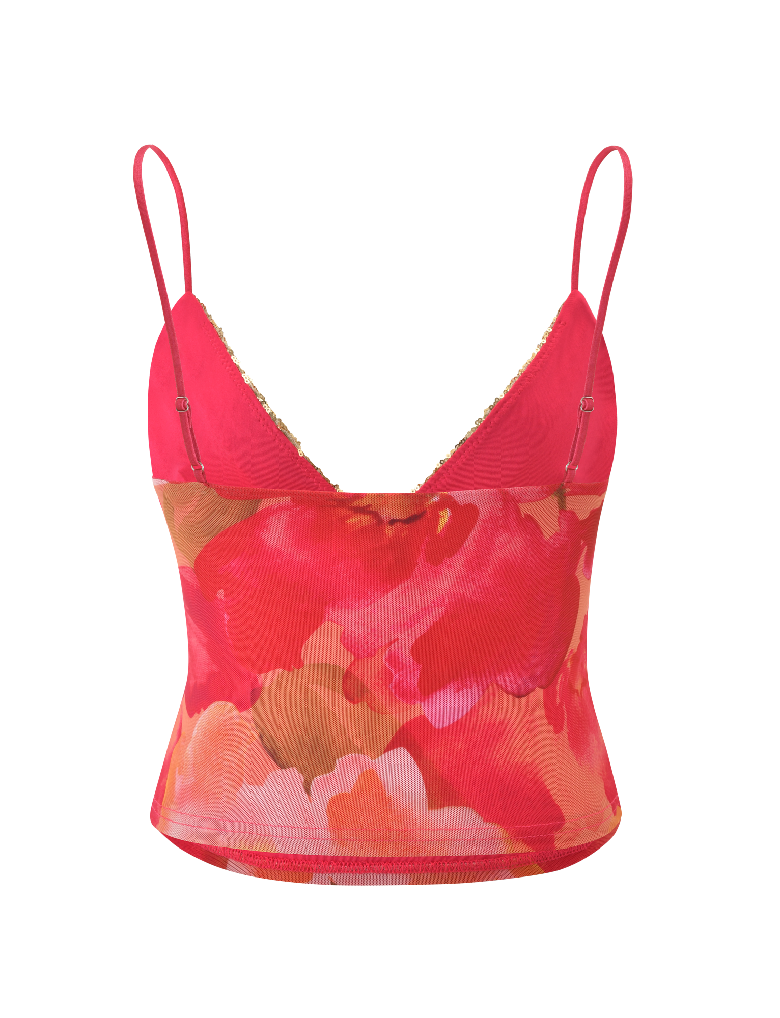 The FENELLA TOP - DAIQUIRI FLORAL by TIGERMIST is a vibrant cami with thin straps, a deep V-neckline, and bold red, pink, and orange abstract floral patterns.