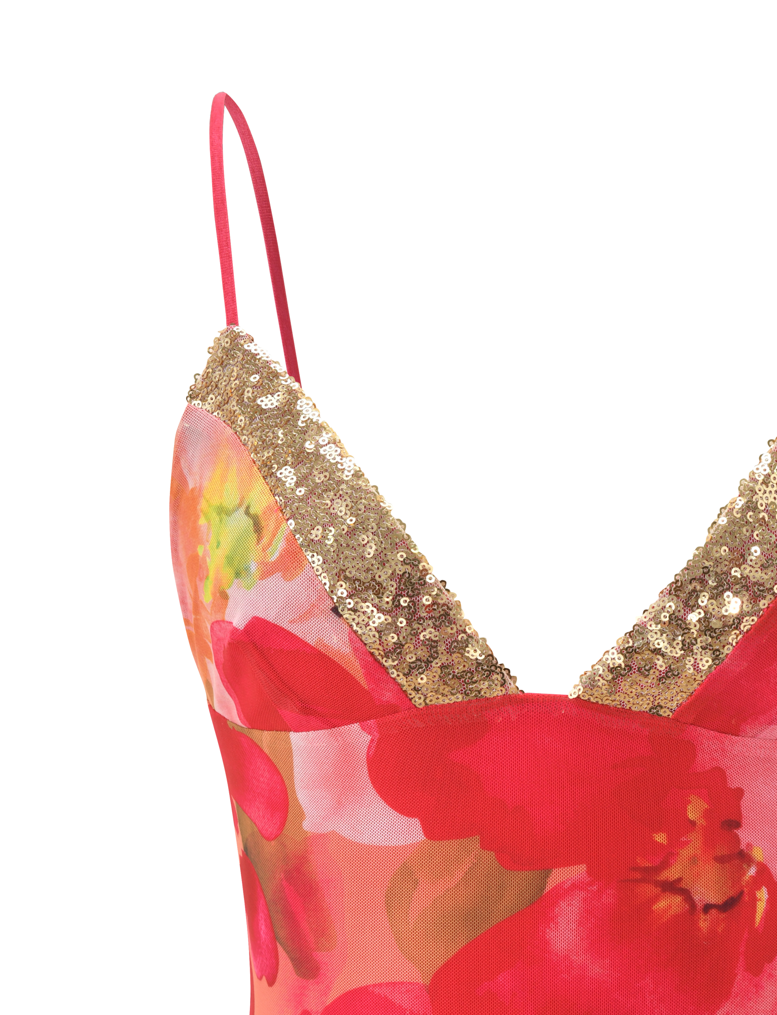 Close-up of the FENELLA TOP - DAIQUIRI FLORAL by TIGERMIST featuring thin red straps, a vibrant red and pink tropical floral print, and a V-shaped sequin neckline. Set against a plain white background.