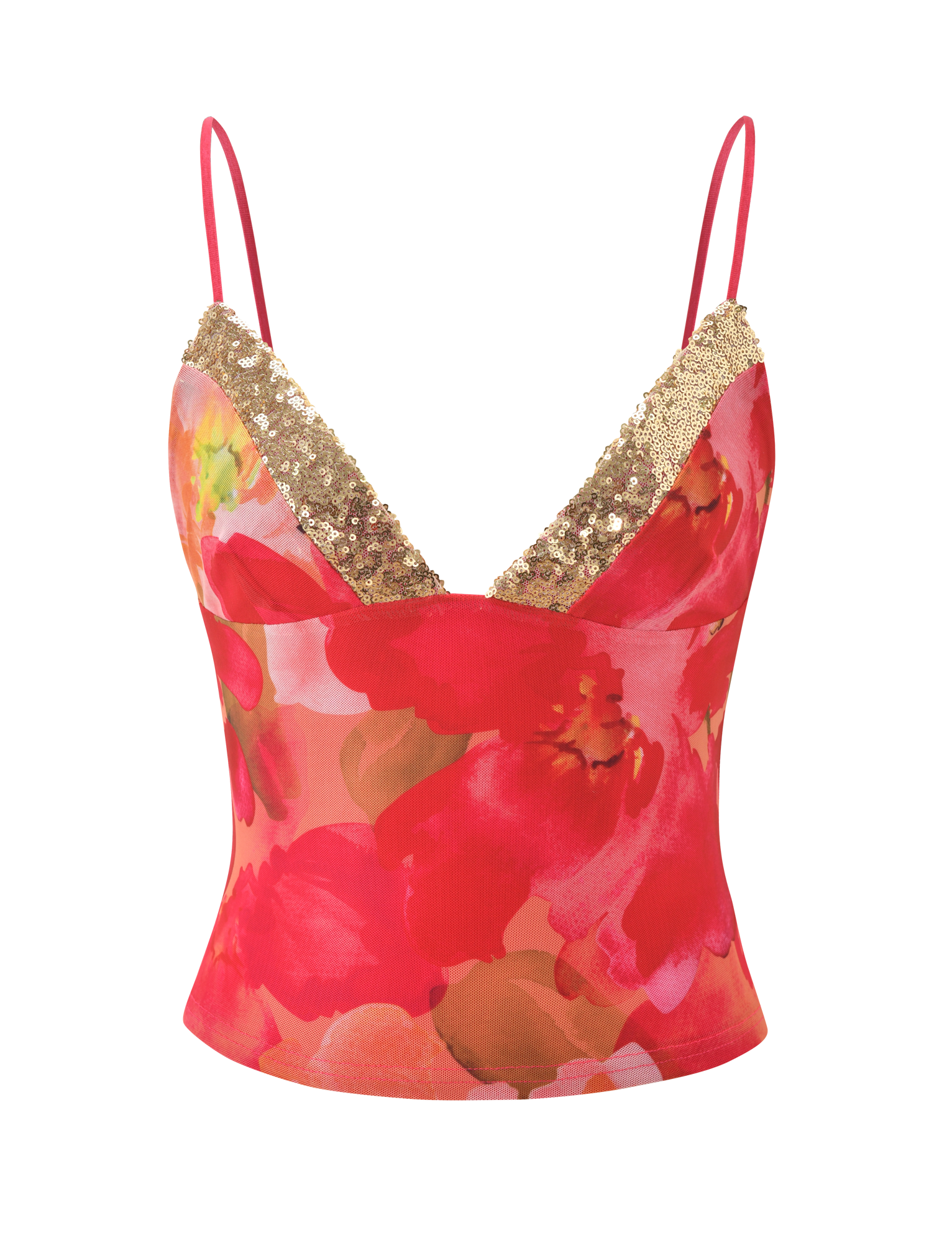 The FENELLA TOP - DAIQUIRI FLORAL by TIGERMIST features thin straps, gold sequin accents on a deep V-neckline, and a vibrant red, pink, and orange floral print on sheer mesh.