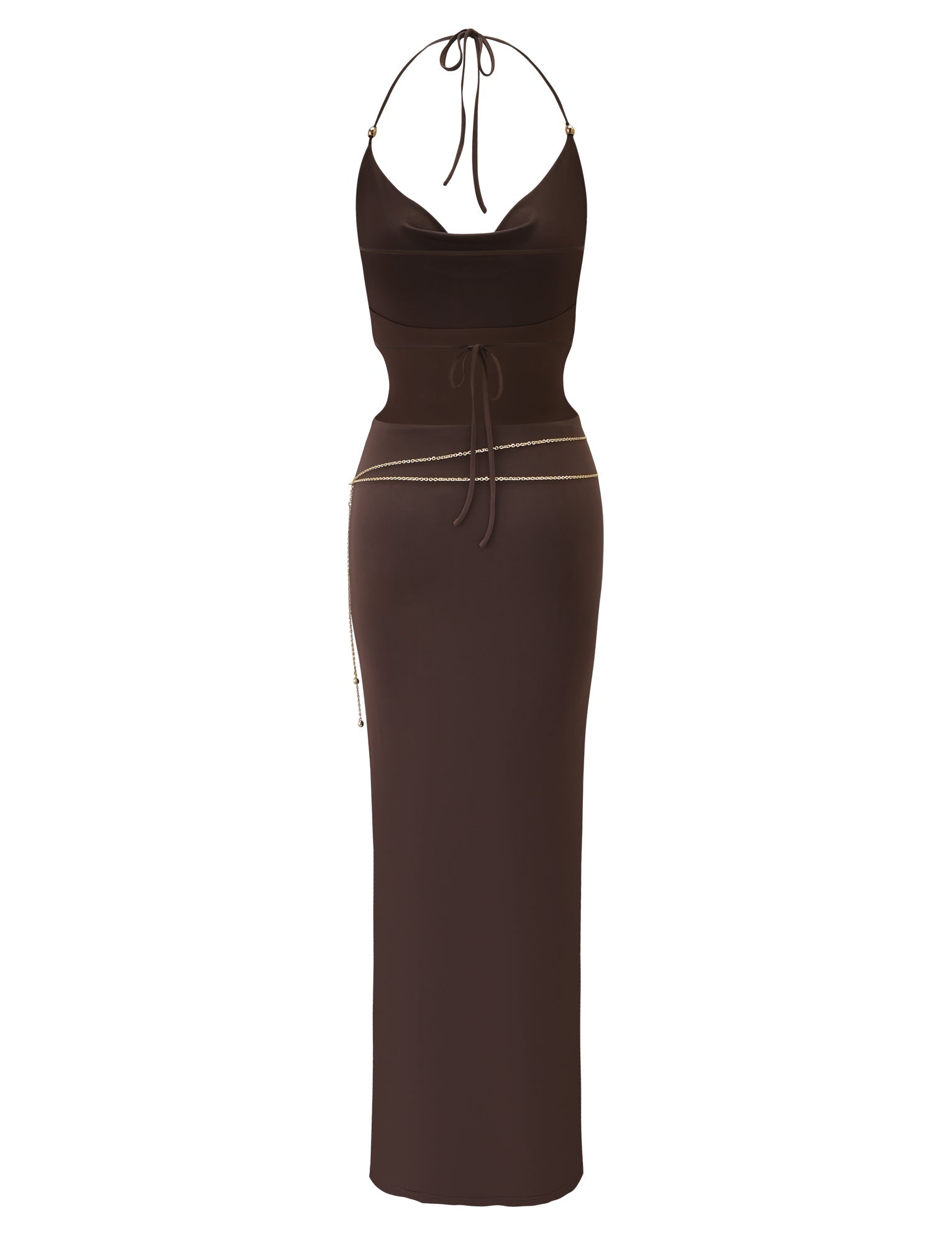 The SURIYA MAXI DRESS by TIGERMIST is a chocolate brown sleeveless cowl neck maxi with adjustable halter straps, fitted waist, tie detail, long skirt, and a delicate gold waist chain at the hips.