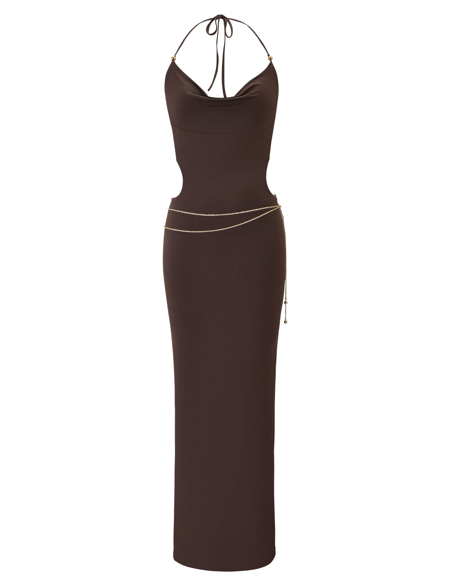 The SURIYA MAXI DRESS in chocolate brown by TIGERMIST is a sleeveless, floor-length cowl neck dress with adjustable halter straps, open back, and a gold waist chain for an elegant look.
