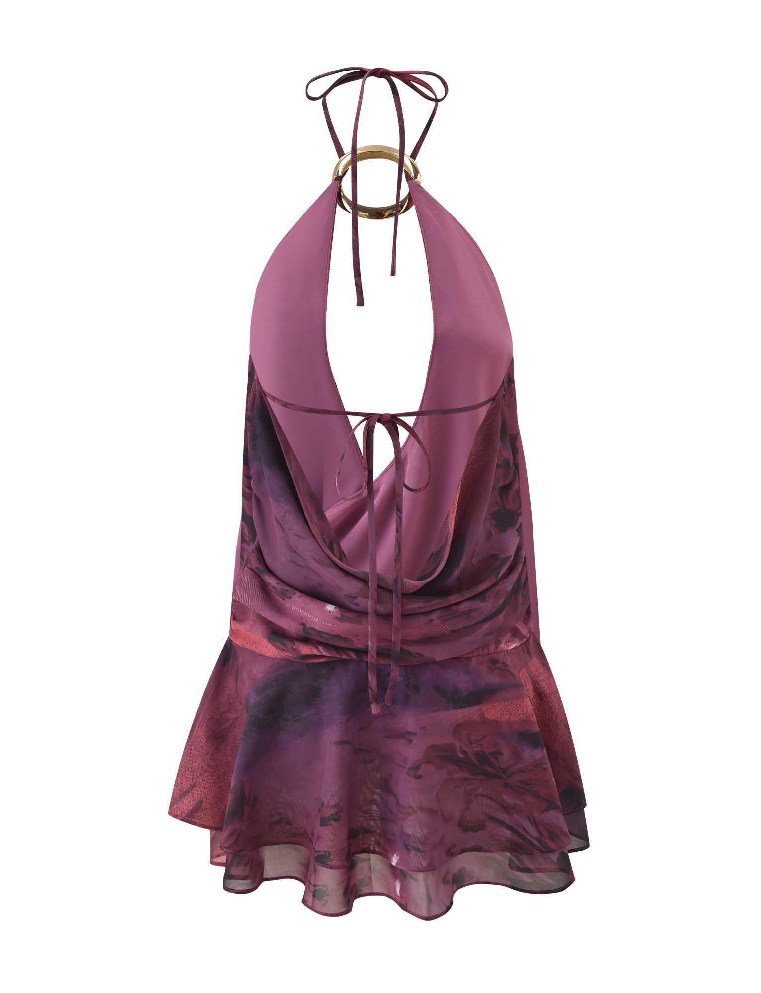 The TIGERMIST INDIGO MINI DRESS 2.0 - BURGUNDY ROMANTICA features a sleeveless halter-neck design with a deep V neckline, gold ring detail, and ties at the neck in a mix of solid mauve and sheer purple-pink patterned fabric.