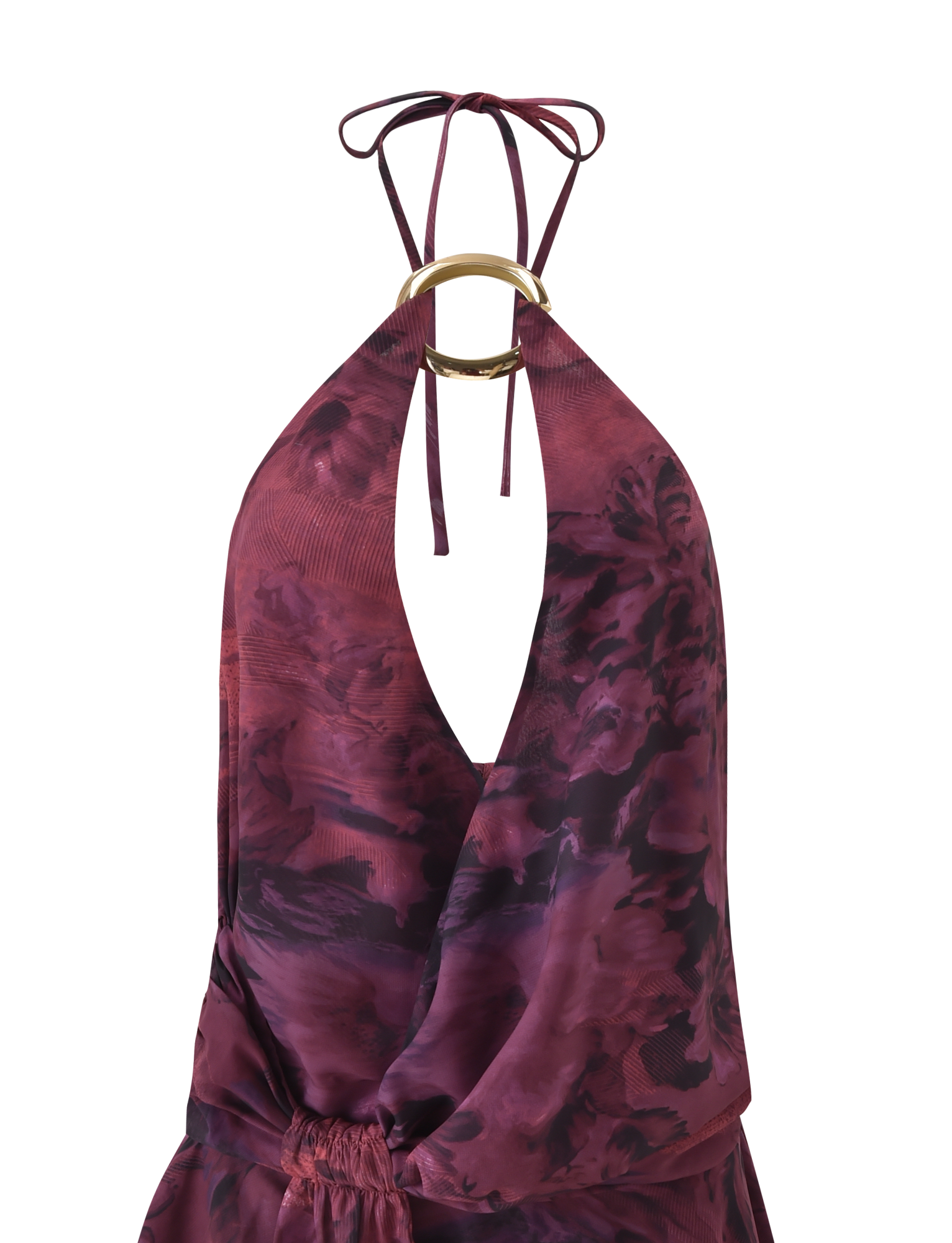 The INDIGO MINI DRESS 2.0 - BURGUNDY ROMANTICA by TIGERMIST is a sleeveless, deep V-neck halter mini dress in maroon and purple abstract print, with a gold ring at the neckline, tie neck closure, and a layered micro mini skirt.