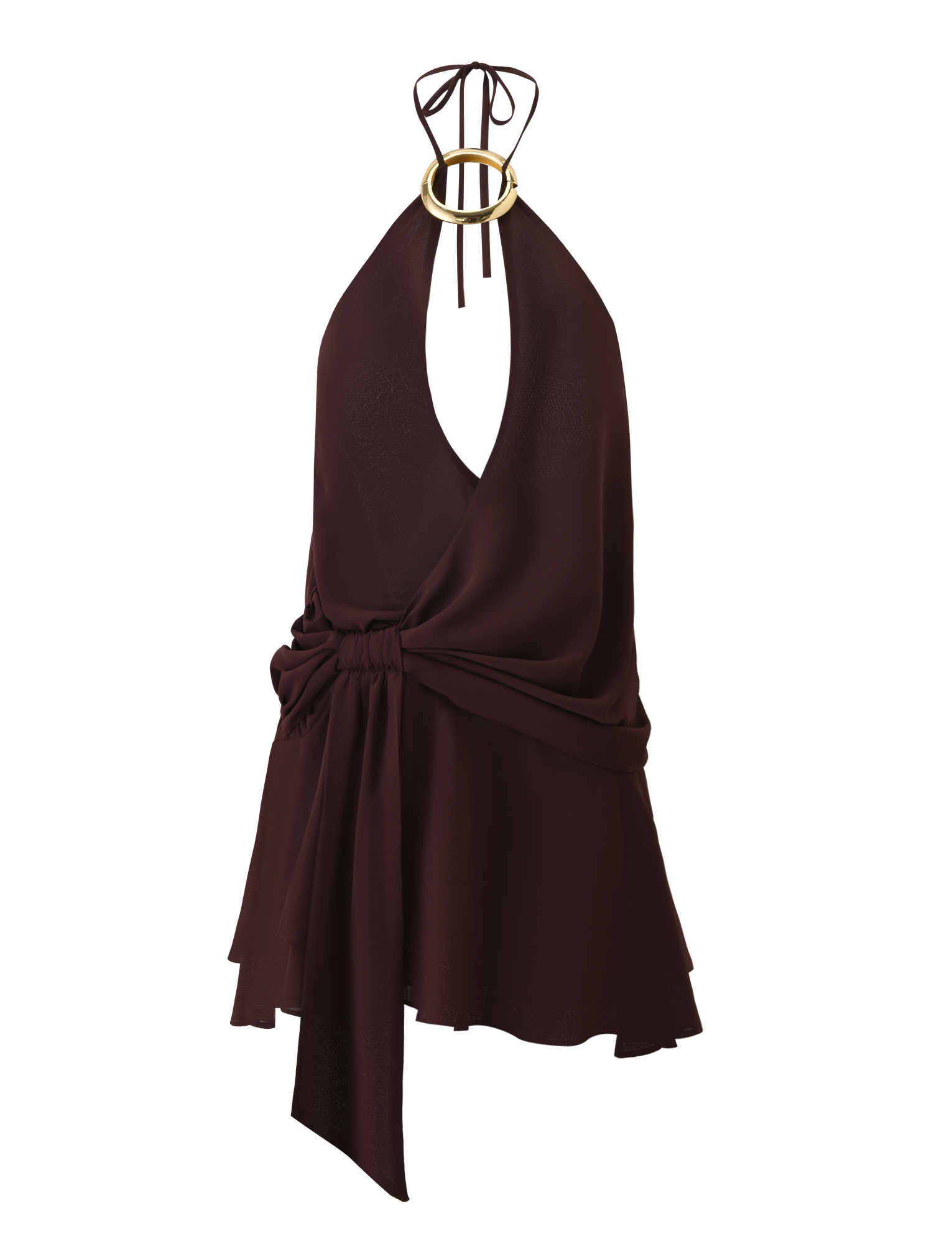 The TIGERMIST INDIGO MINI DRESS 2.0 in chocolate is a sleeveless halter dress with a deep v-neck, gold ring detail at the neckline, waist tie, and layered flowing hem for an effortlessly chic style.