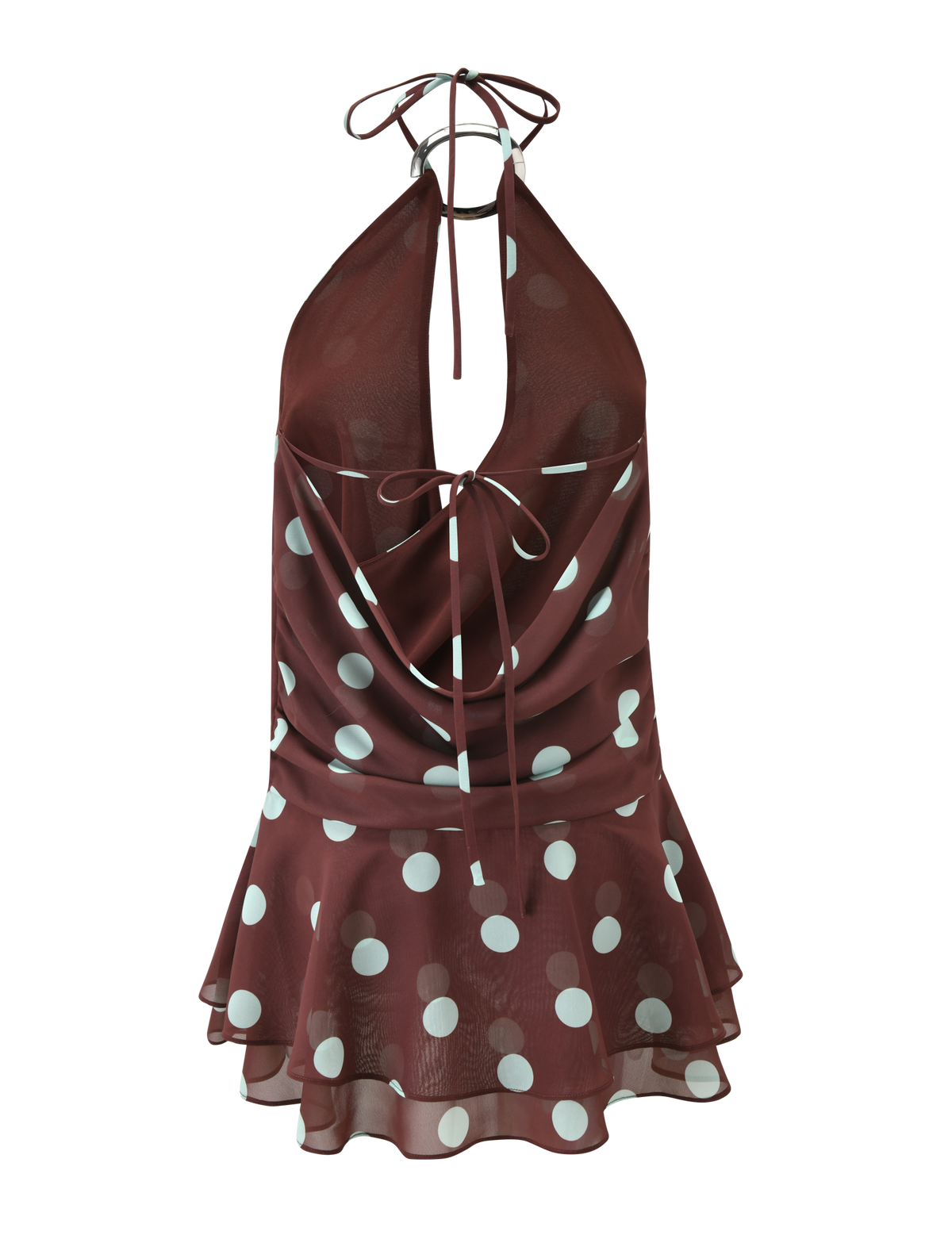 The INDIGO MINI DRESS 2.0 by TIGERMIST is a sleeveless chocolate dress with blue and white polka dots, halter cowl neckline, tie-back detail at the neck and mid-back, and a flared ruffled hem for playful charm.