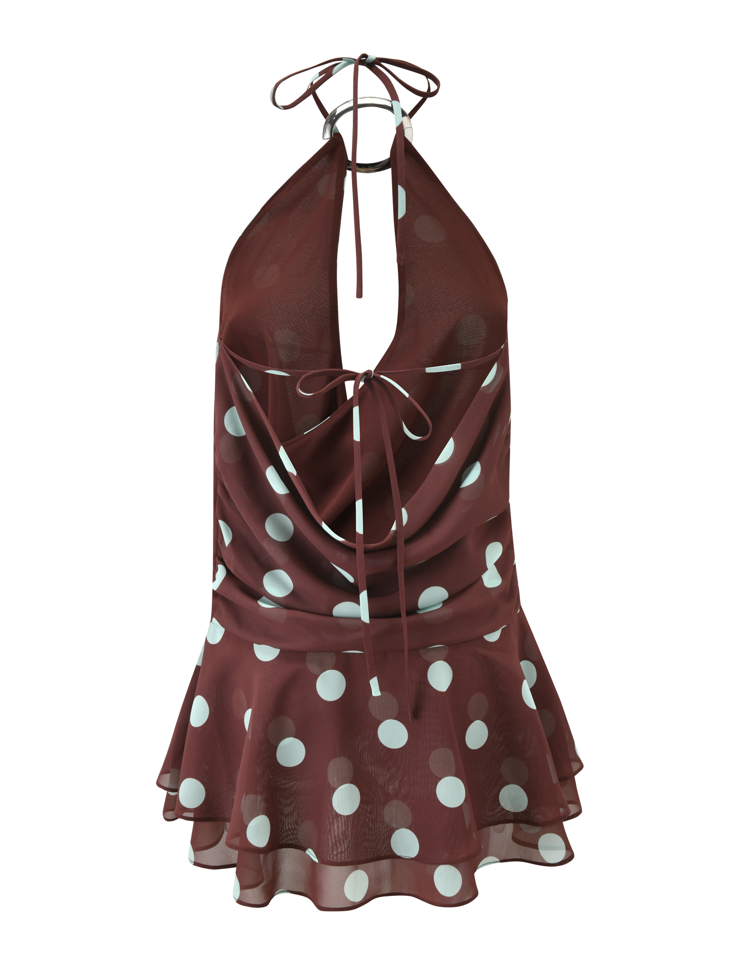 The INDIGO MINI DRESS 2.0 by TIGERMIST is a sleeveless chocolate dress with blue and white polka dots, halter cowl neckline, tie-back detail at the neck and mid-back, and a flared ruffled hem for playful charm.