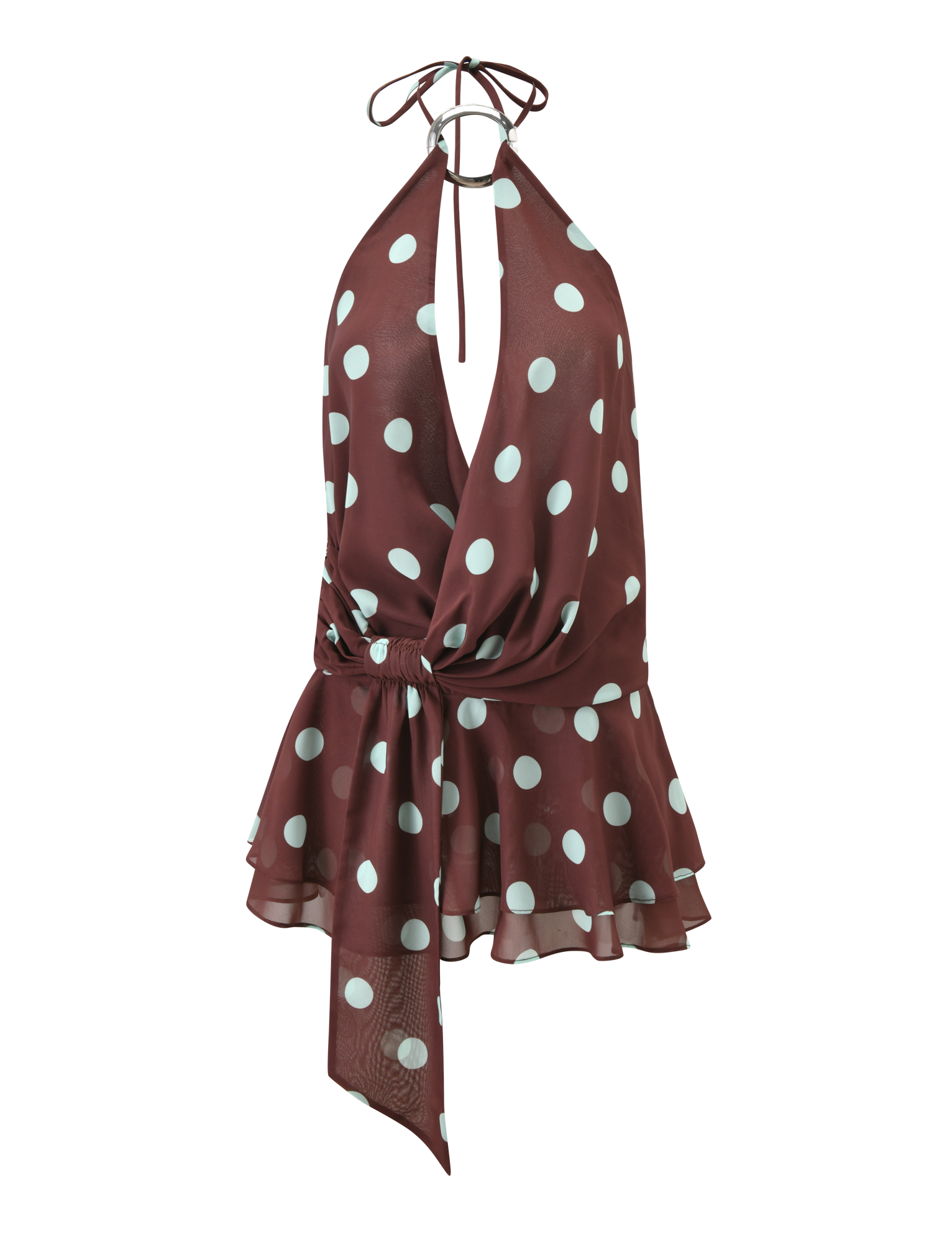 The INDIGO MINI DRESS 2.0 by TIGERMIST features a chocolate hue with blue polka dots, a halter neck tie, deep V-neckline, wrap waist tie, ruffled hem, and playful flared silhouette.