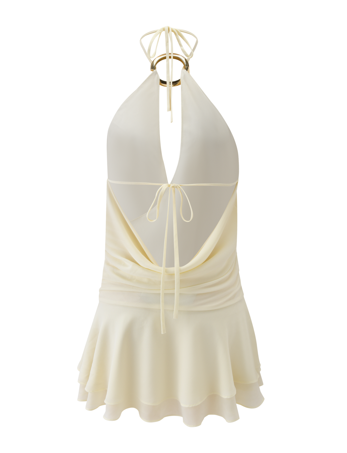 The TIGERMIST INDIGO MINI DRESS 2.0 - IVORY is a cream halter mini dress with a deep V neckline, open back, adjustable tie waist straps, draped fabric, and a flared ruffled hem.