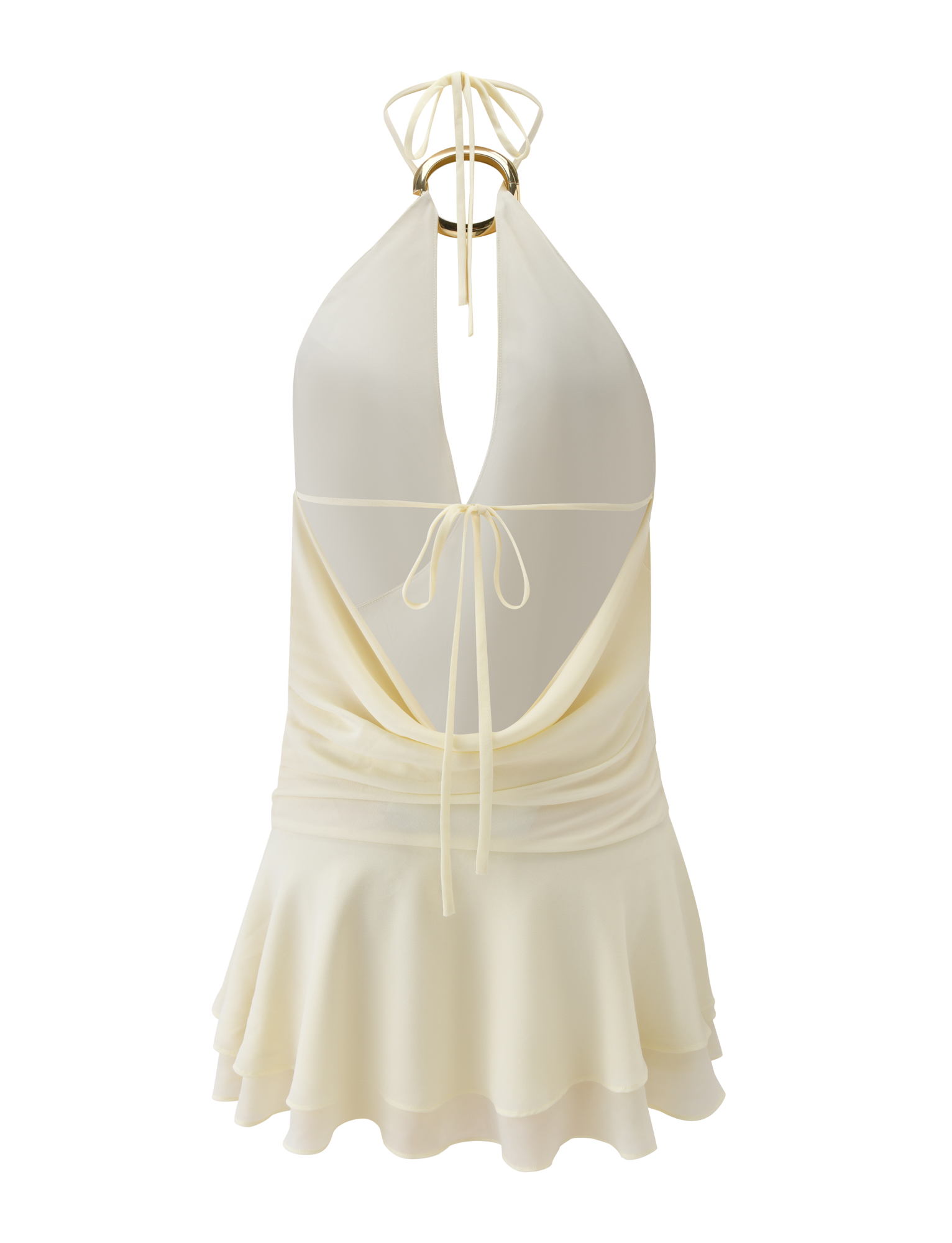 The TIGERMIST INDIGO MINI DRESS 2.0 - IVORY is a cream halter mini dress with a deep V neckline, open back, adjustable tie waist straps, draped fabric, and a flared ruffled hem.