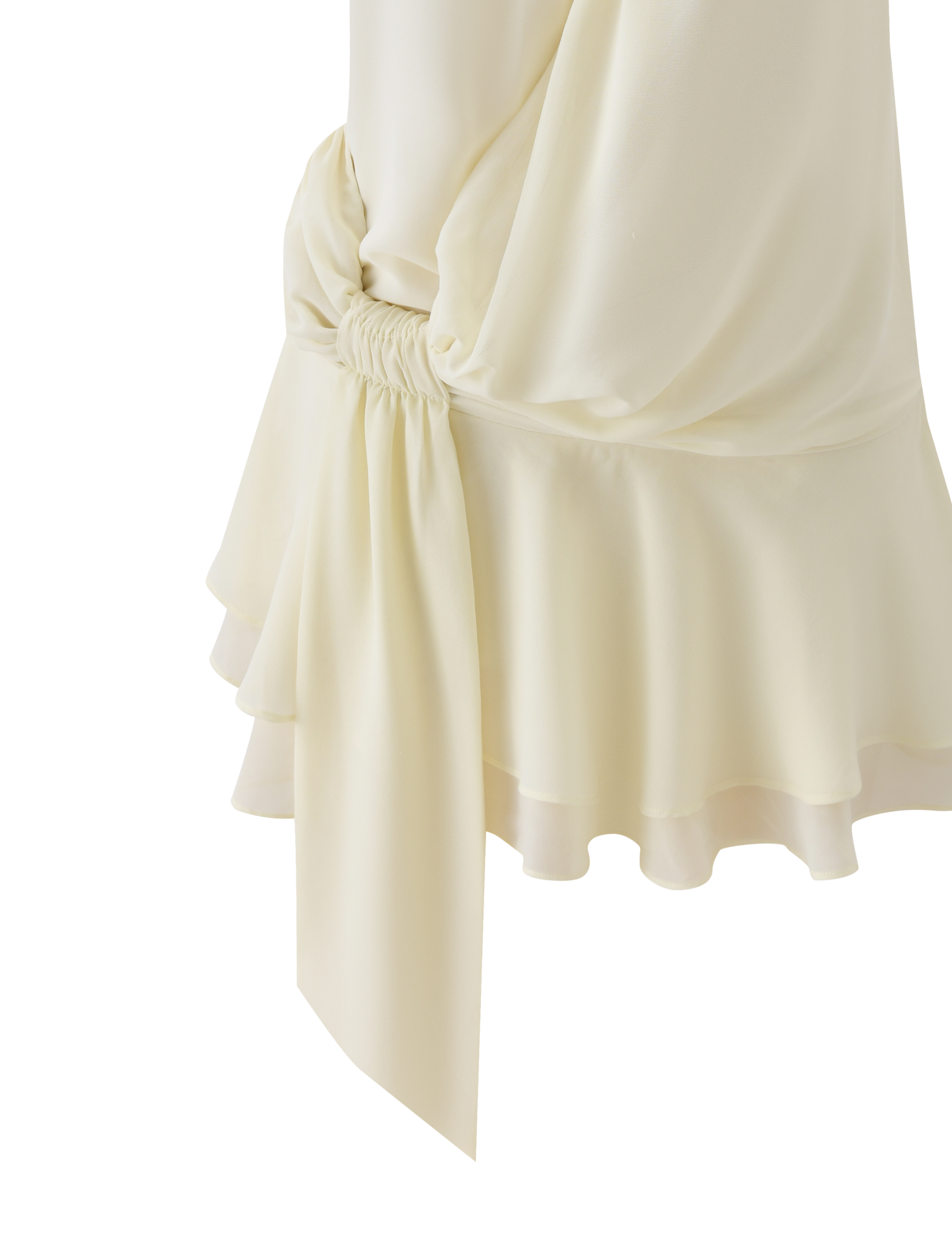 Close-up of the TIGERMIST INDIGO MINI DRESS 2.0 in ivory, featuring a halter neckline, gathered detail, adjustable tie waist, draped hip sash, and a ruffled layered micro mini skirt hemline.