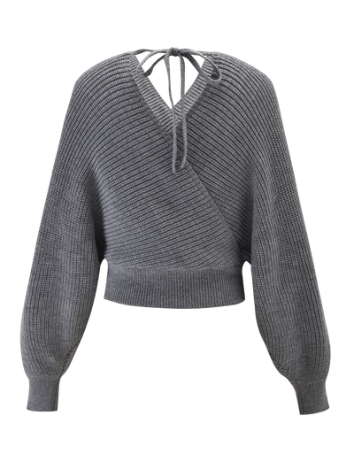 The TIGERMIST RAVEN JUMPER in grey features a faux wrap design, ribbed texture, long bell sleeves, deep V-back with neck tie closure, and a fitted waistband for a flattering silhouette.