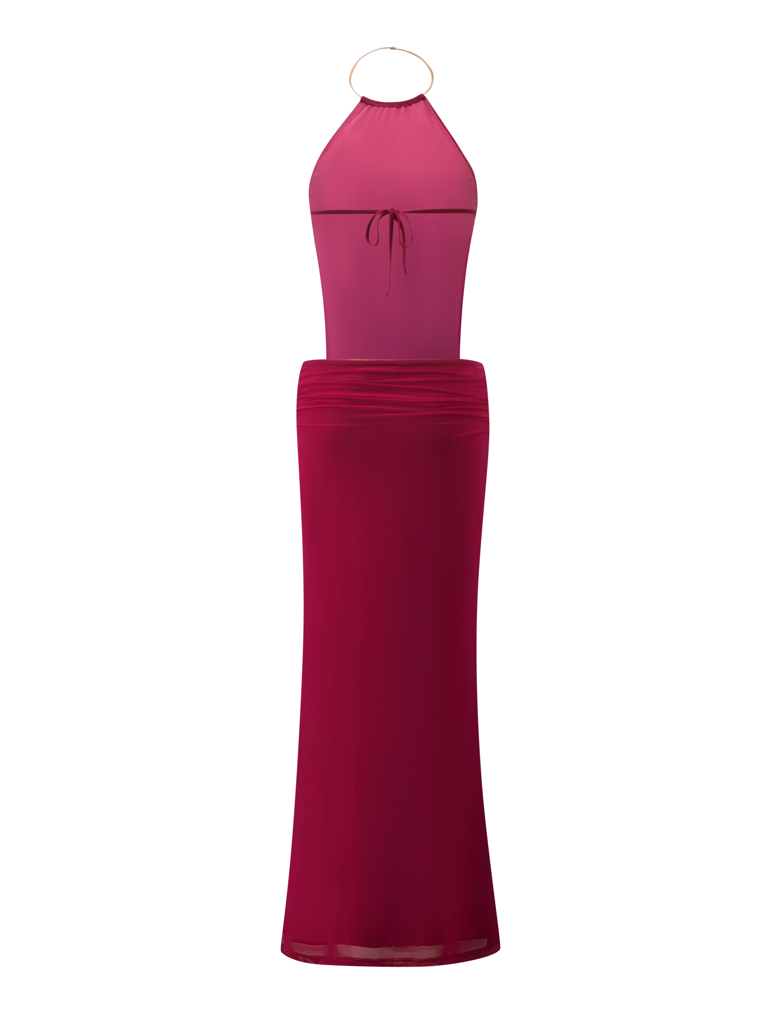 The EVANNA MAXI DRESS - BERRY by TIGERMIST is a sleeveless halter-neck mesh maxi in two red tones, with a gold hoop and trim neckline, fitted bodice with front tie, open back, and a flowing skirt.