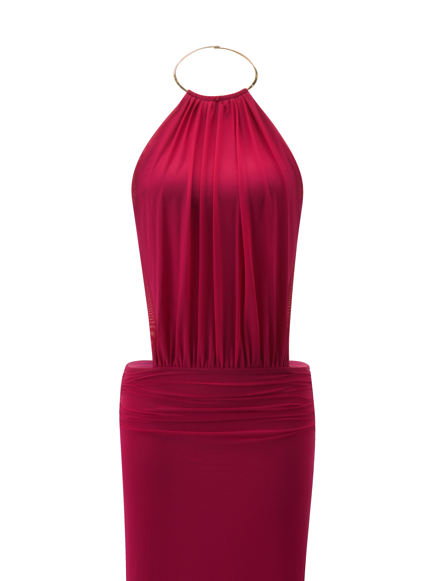 The EVANNA MAXI DRESS by TIGERMIST is a sleeveless, halter-neck berry dress with gold trim at the neckline, gathered bodice, fitted waist, and a smooth skirt.