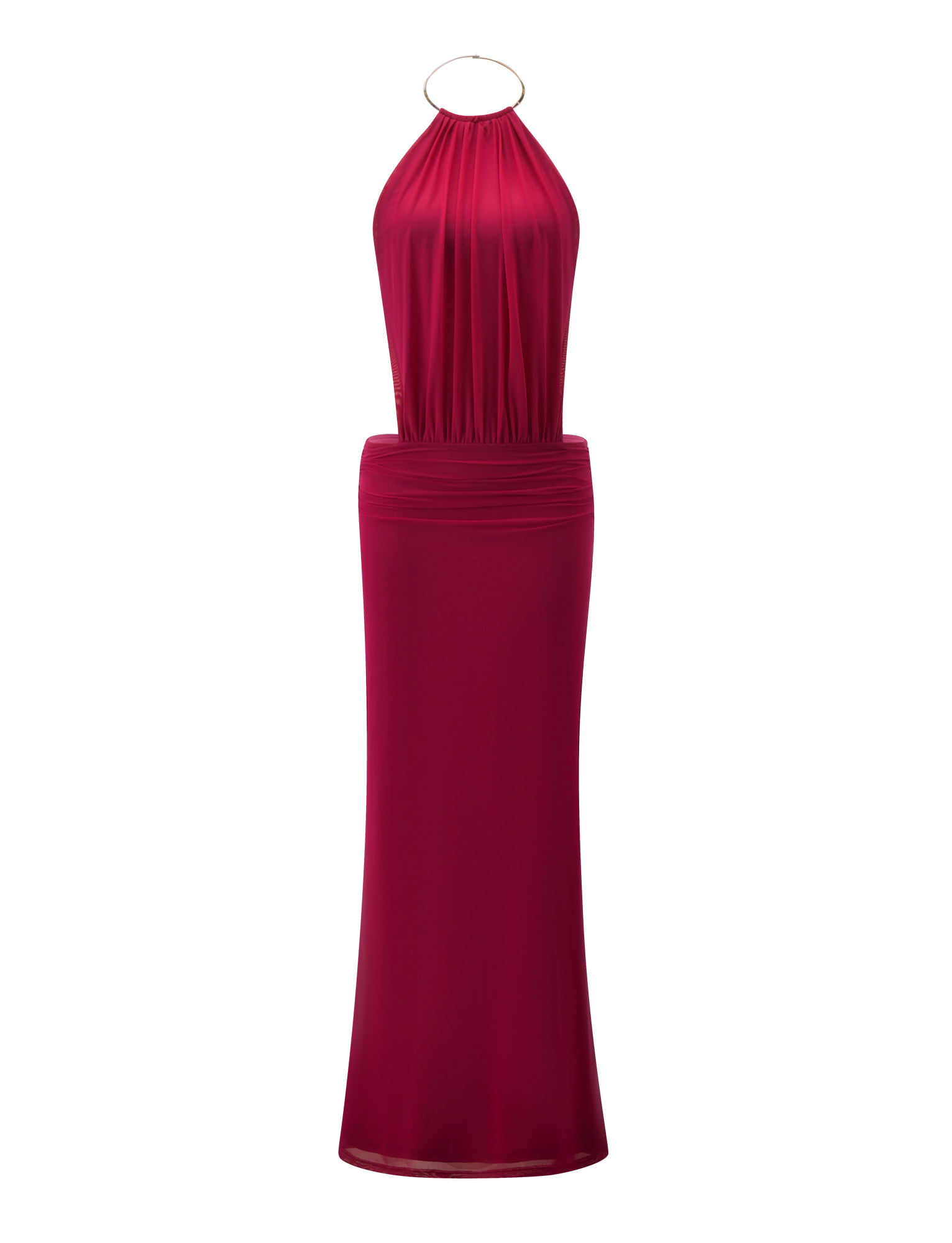 The EVANNA MAXI DRESS by TIGERMIST is a sleeveless, floor-length berry mesh dress with a gathered neckline, gold ring detail, open back, fitted waist, and straight silhouette.