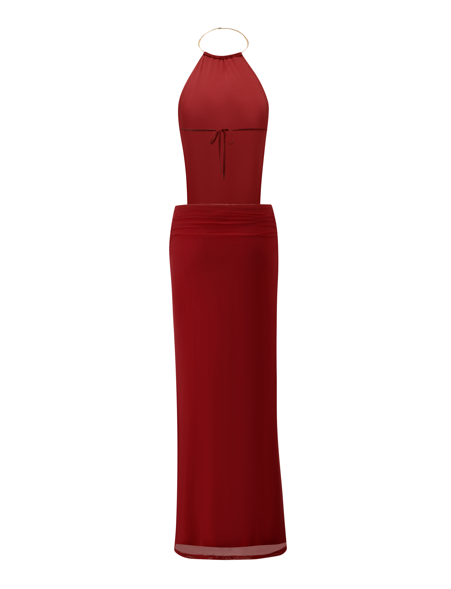 The TIGERMIST EVANNA MAXI DRESS - RED is a sleeveless, floor-length, high-neck dress with a gold neck ring, tie detail at the bust, fitted silhouette, open back, and elegant design shown on a plain white background.