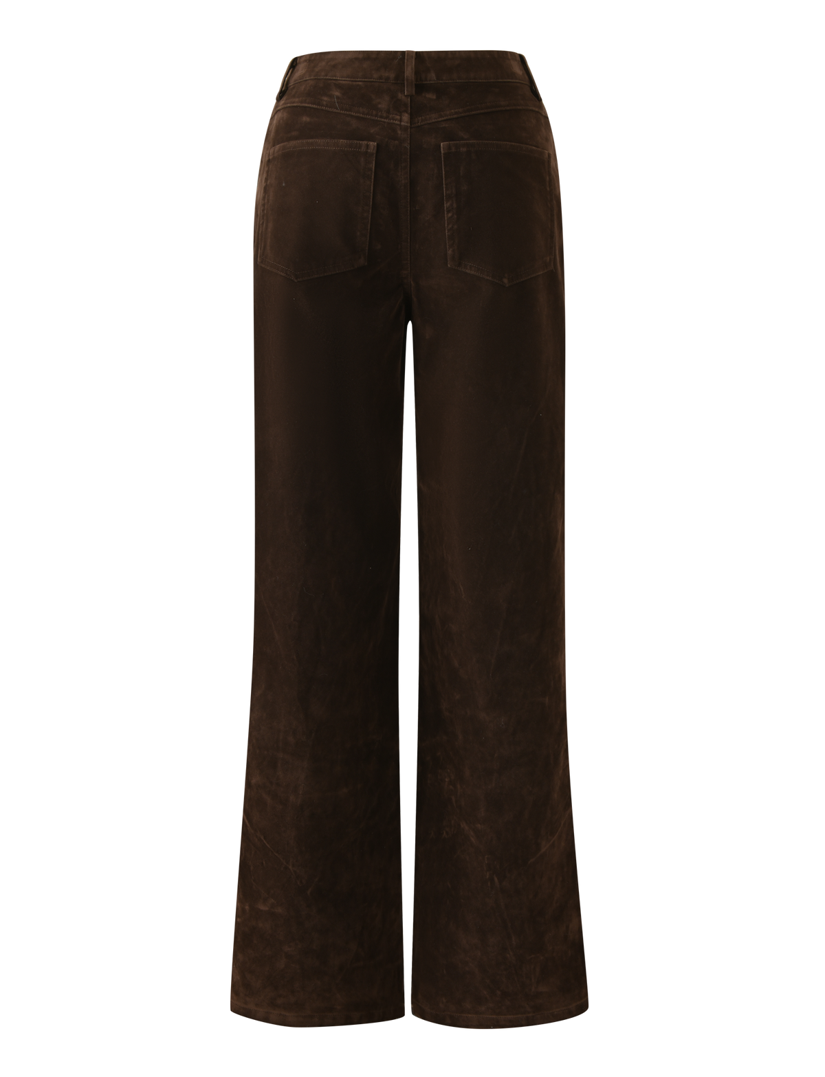 Back view of the TIGERMIST CAMELLIA PANT in chocolate suede, featuring a wide straight leg and two back patch pockets, shown against a plain background.