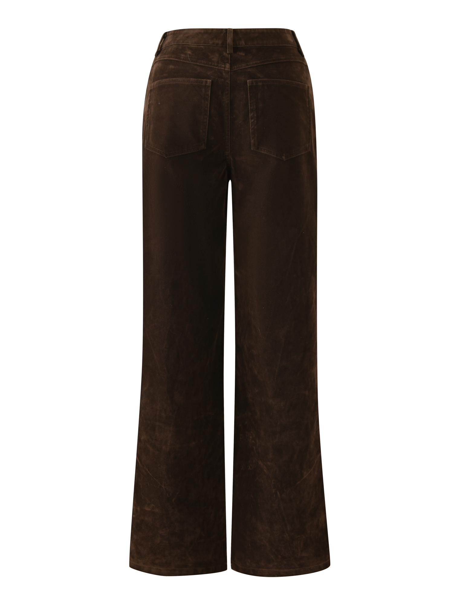 Back view of the TIGERMIST CAMELLIA PANT in chocolate suede, featuring a wide straight leg and two back patch pockets, shown against a plain background.