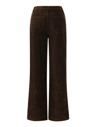 Back view of the TIGERMIST CAMELLIA PANT in chocolate suede, featuring a wide straight leg and two back patch pockets, shown against a plain background.