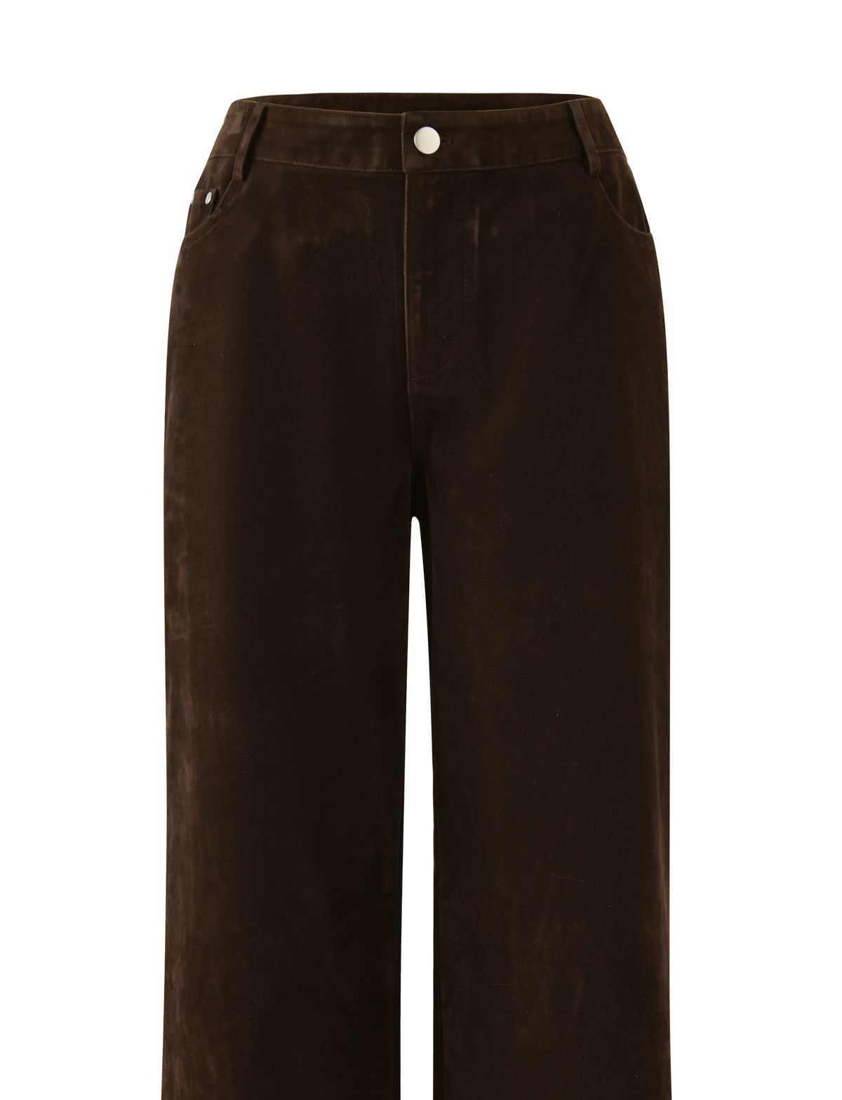 The TIGERMIST CAMELLIA PANT - CHOCOLATE SUEDE features a high waist, wide-leg silhouette, vintage-inspired details, front button and zip closure, two side pockets, and belt loops in a rich chocolate suede finish.