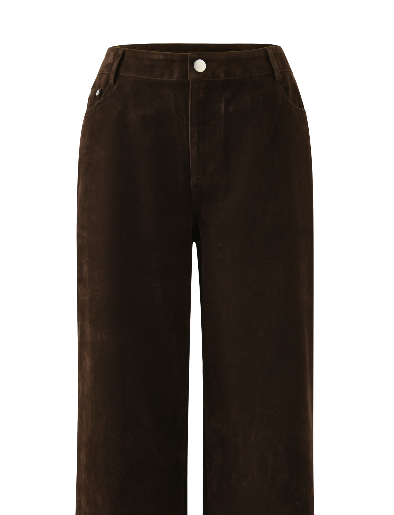 The TIGERMIST CAMELLIA PANT - CHOCOLATE SUEDE features a high waist, wide-leg silhouette, vintage-inspired details, front button and zip closure, two side pockets, and belt loops in a rich chocolate suede finish.