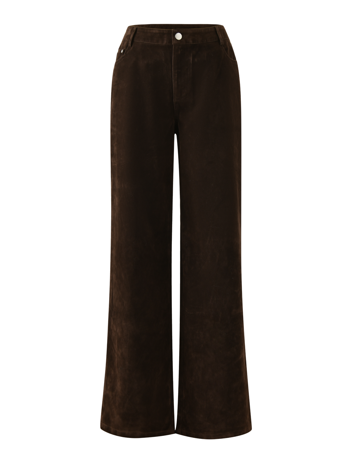 The CAMELLIA PANT by TIGERMIST features high-waisted, straight leg chocolate suede with front pockets and a button waistband, shown on a plain background.