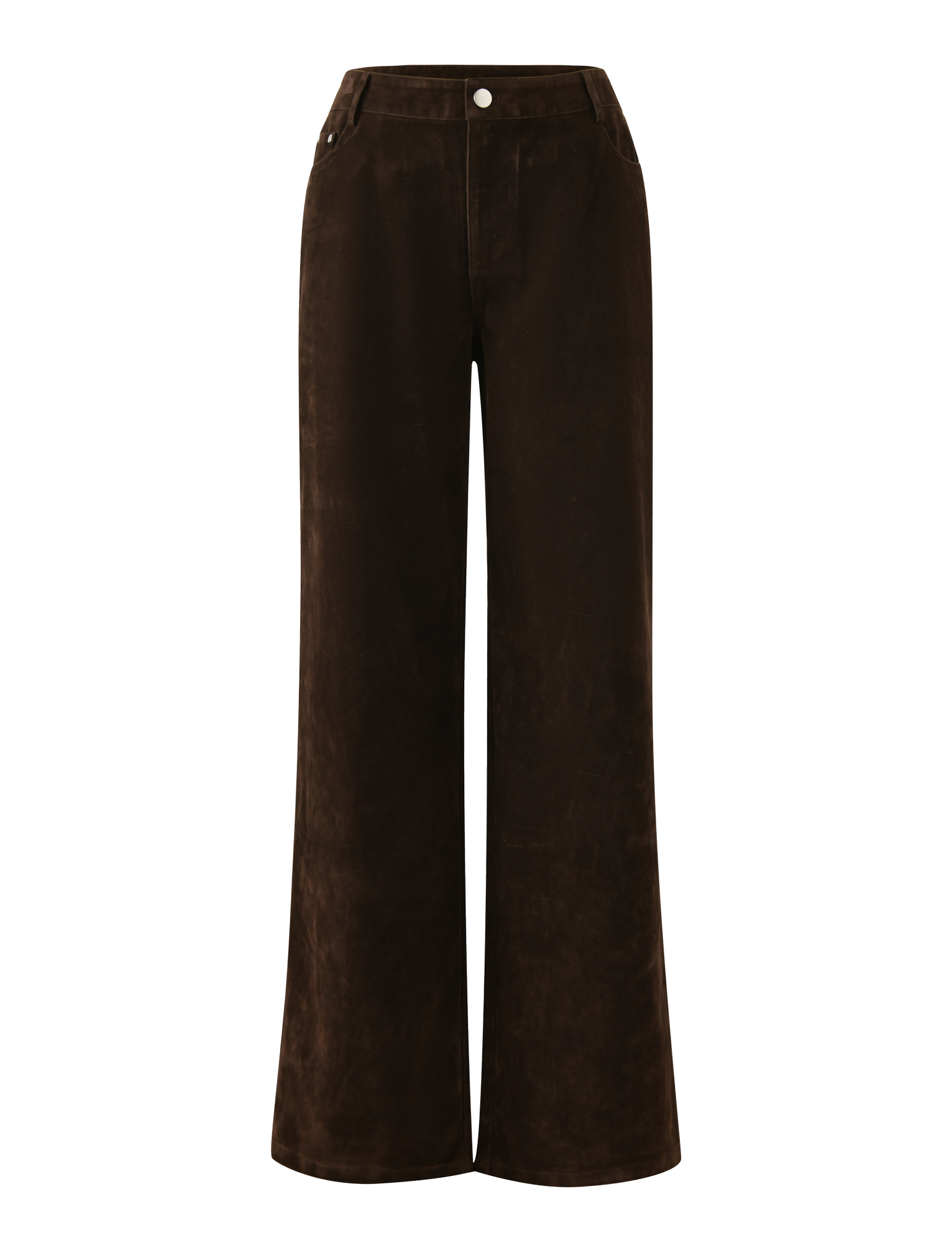 The CAMELLIA PANT by TIGERMIST features high-waisted, straight leg chocolate suede with front pockets and a button waistband, shown on a plain background.