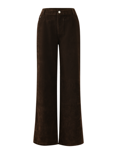 The CAMELLIA PANT by TIGERMIST features high-waisted, straight leg chocolate suede with front pockets and a button waistband, shown on a plain background.