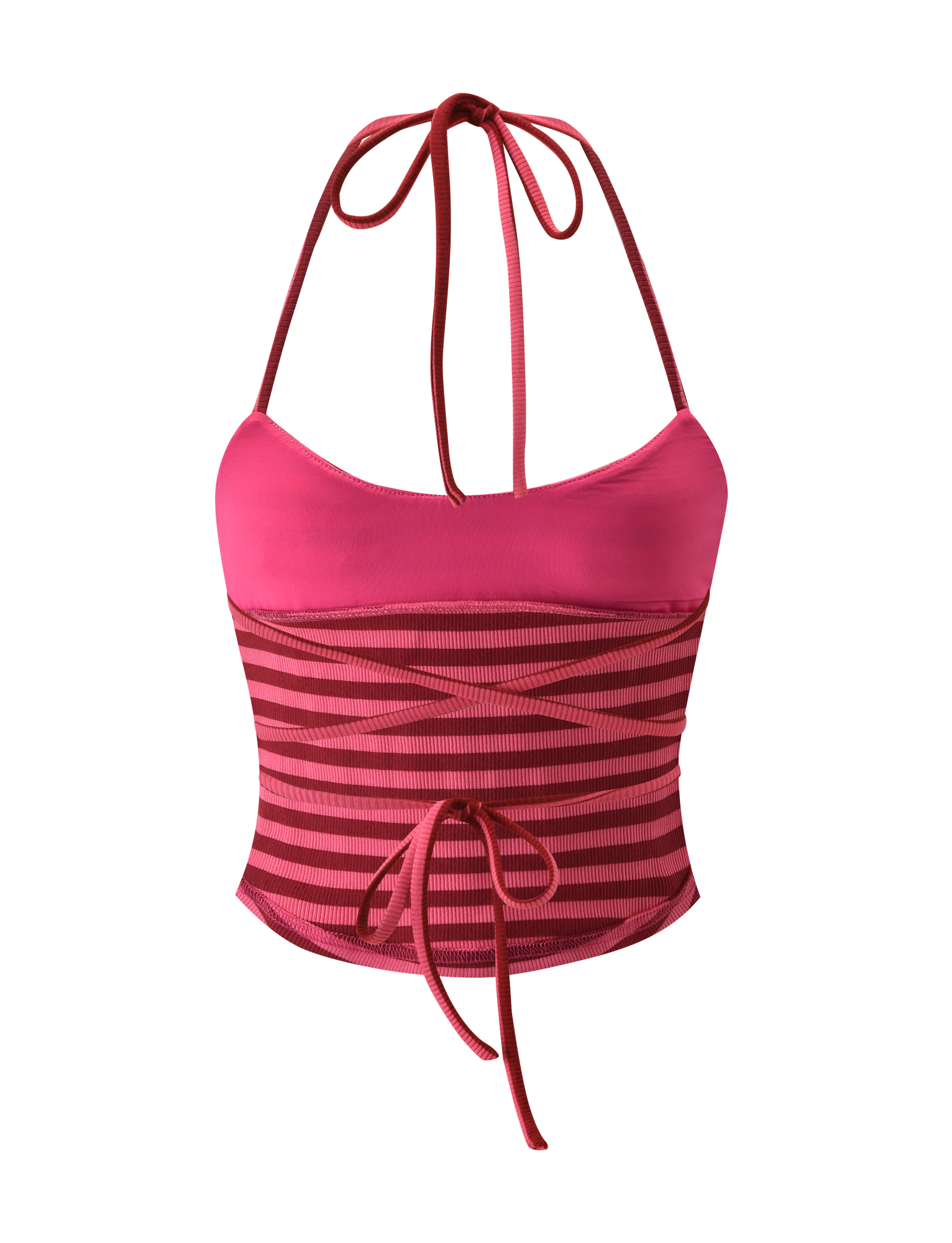 The CERYS RIB TOP by TIGERMIST features a solid pink upper, striped pink and red lower section, and a front waist tie detail.