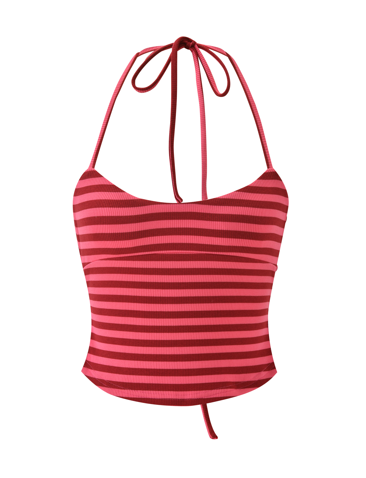 The TIGERMIST CERYS RIB TOP - PINK RED STRIPE is a ribbed, fitted crop with pink and red stripes, thin straps that tie at the neck and back, and an open back for a summery look.