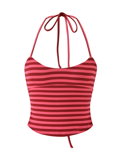 The TIGERMIST CERYS RIB TOP - PINK RED STRIPE is a ribbed, fitted crop with pink and red stripes, thin straps that tie at the neck and back, and an open back for a summery look.
