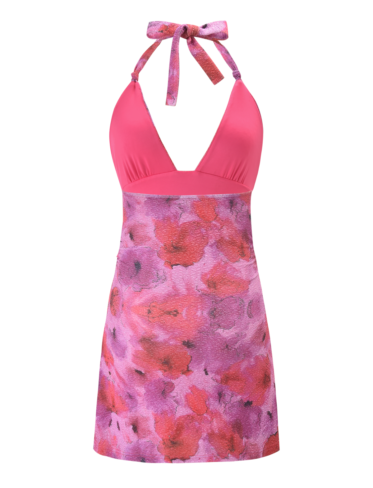 The TIGERMIST TALYN MINI DRESS - PINK SPARKLE FLORAL is a sleeveless halter A-line dress with a pink top, neck tie, and a fitted skirt in purple and pink floral print.