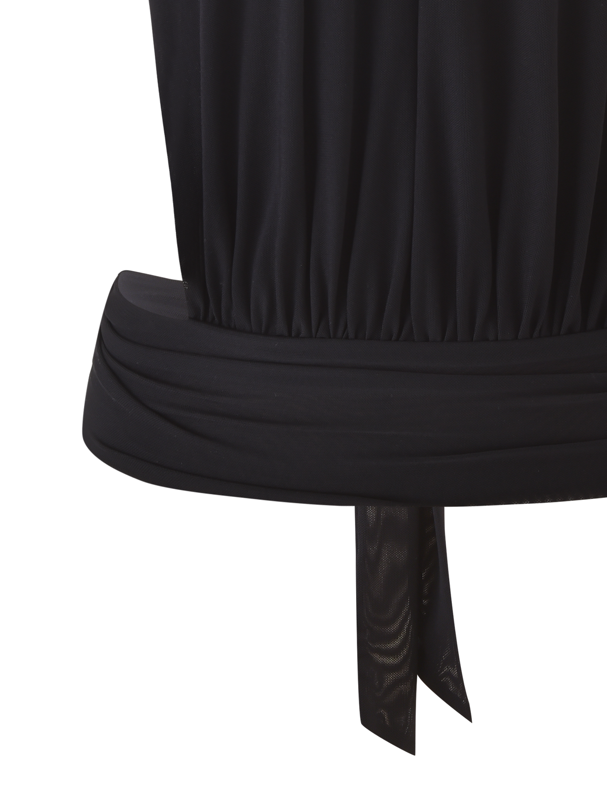Close-up of the TIGERMIST EVANNA TOP - BLACK, showing its gathered bodice, wide waistband, and hanging tie detail.