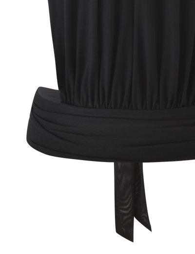 Close-up of the TIGERMIST EVANNA TOP - BLACK, showing its gathered bodice, wide waistband, and hanging tie detail.