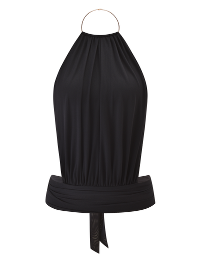 The TIGERMIST EVANNA TOP - BLACK is a sleeveless halter top with a gathered bodice, metallic neck ring, wide fitted waistband, open back, and soft draped look—uniting chic style and effortless elegance.