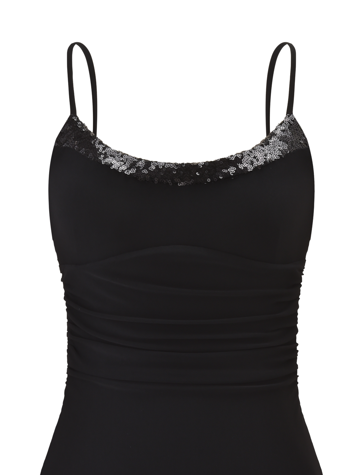 The ELYSIUM MINI DRESS by TIGERMIST is a black mesh mini dress featuring thin straps, ruched sides, and a scoop neckline adorned with black and silver sequins.