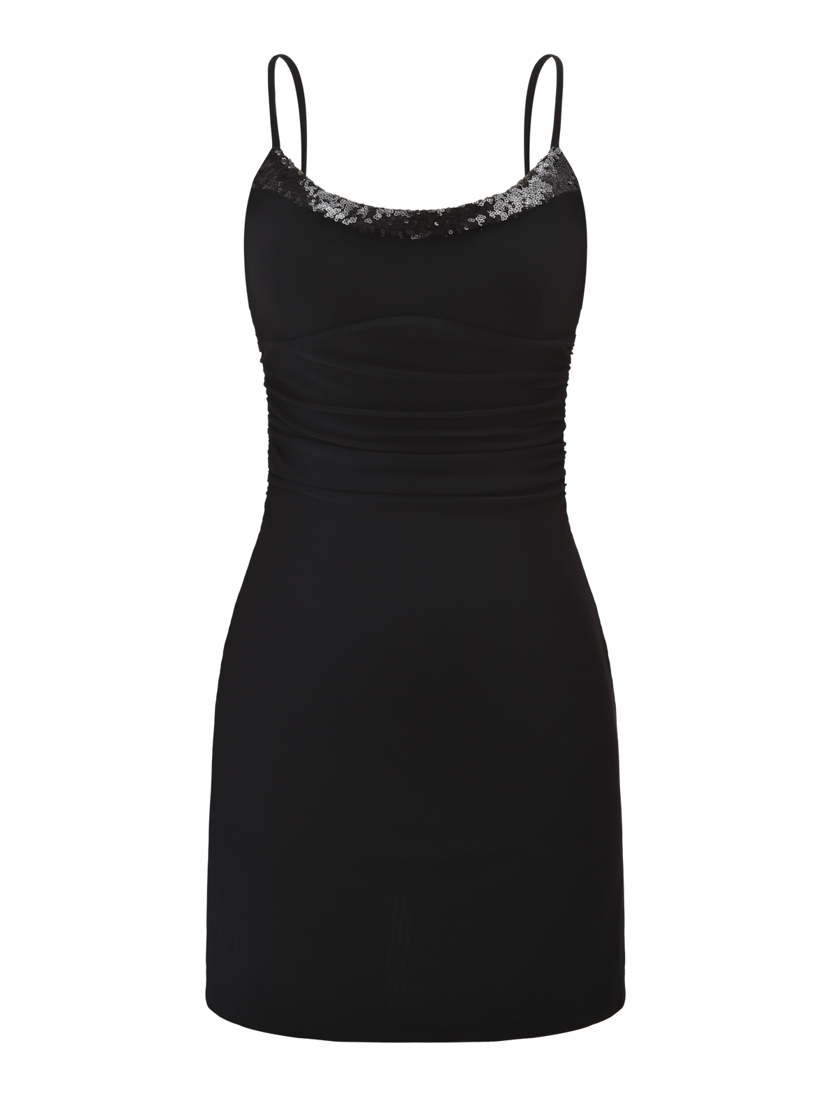 The TIGERMIST ELYSIUM MINI DRESS - BLACK features a sleeveless, fitted silhouette with thin straps, a curved neckline adorned with black sequins, and an alluring open back—perfect for evening wear.