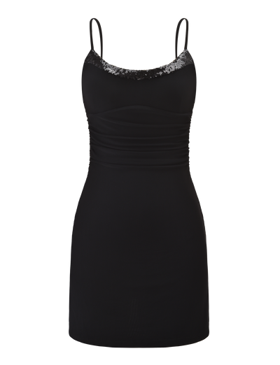 The TIGERMIST ELYSIUM MINI DRESS - BLACK features a sleeveless, fitted silhouette with thin straps, a curved neckline adorned with black sequins, and an alluring open back—perfect for evening wear.