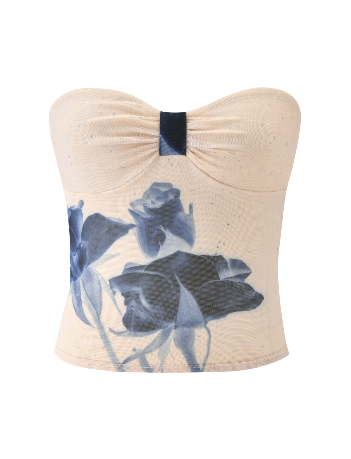 The JANIS TOP - INDIGO FLORAL by TIGERMIST is a cream strapless tube top with a ruched center and bold blue rose print, crafted from delicate floral mesh for texture.