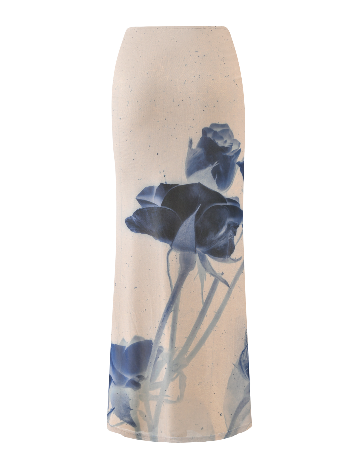 The JANIS MAXI SKIRT by TIGERMIST features a bold indigo floral print with large blue roses, stems, and leaves on white fabric.