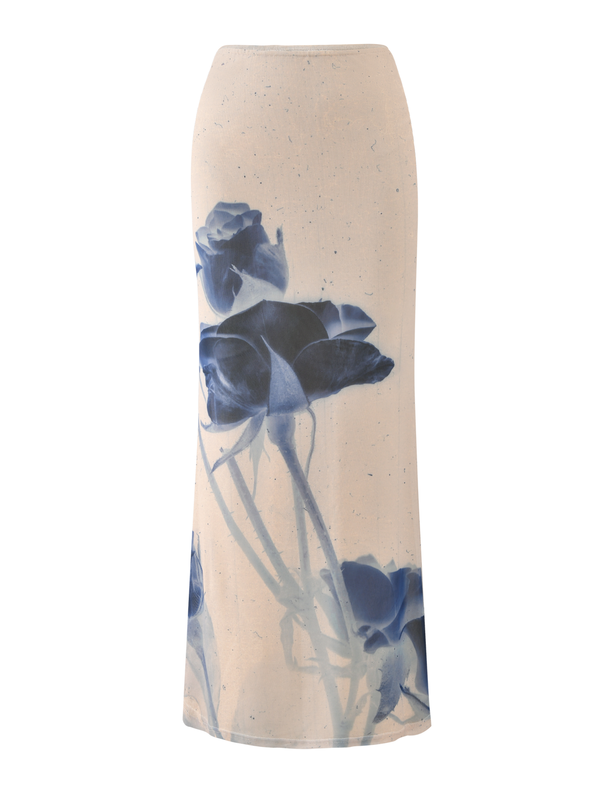 The TIGERMIST JANIS MAXI SKIRT in Indigo Floral features a cream base with large blue floral prints, shown against a plain background.