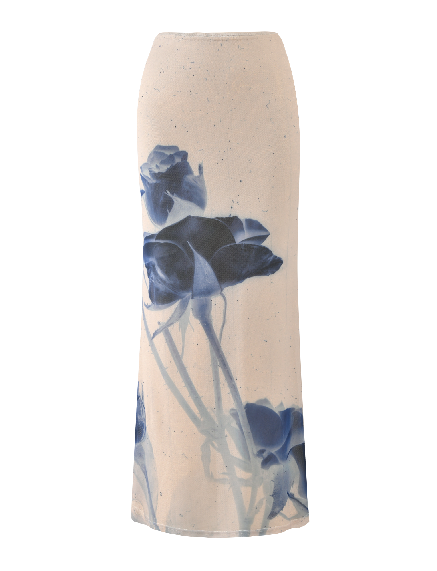 The TIGERMIST JANIS MAXI SKIRT in Indigo Floral features a cream base with large blue floral prints, shown against a plain background.